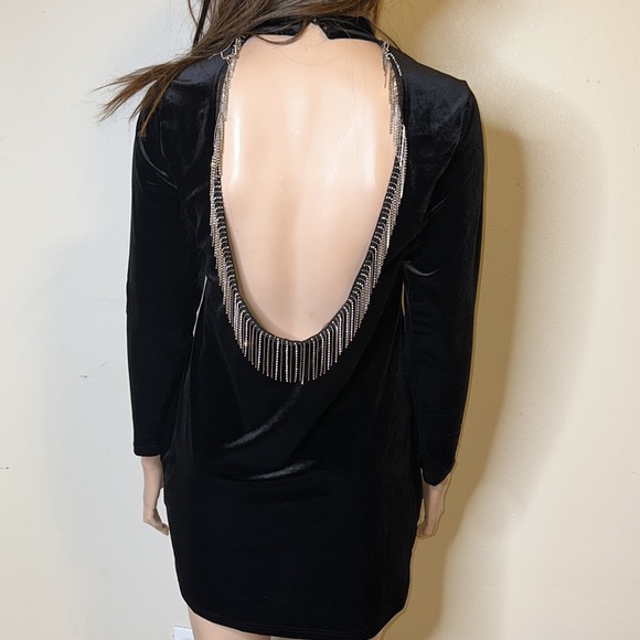 SHEIN Mock Neck Open Back Fringe Velvet Bodycon Dress Sz 3X Black - Picture 3 of 7